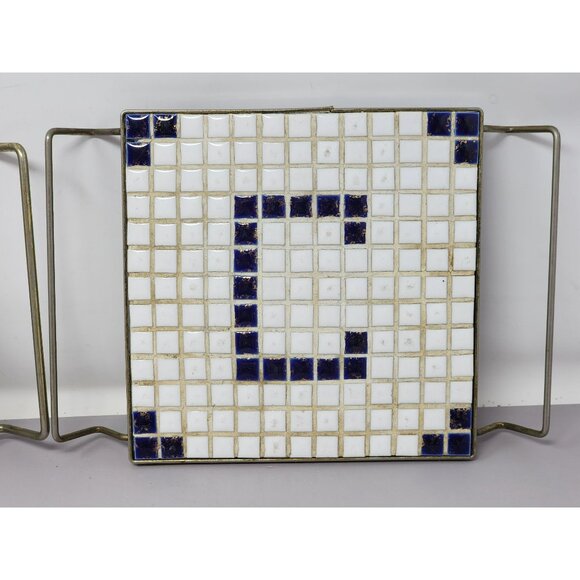 Vintage Mosaic Tile‎ Hot Plate Trivets With Brass Handles 2 White & Blue Design - Picture 2 of 11